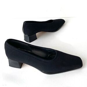 Stuart Weitzman Black Stretch Fabric Pumps Block Heel Sz 8 Office Core Party
